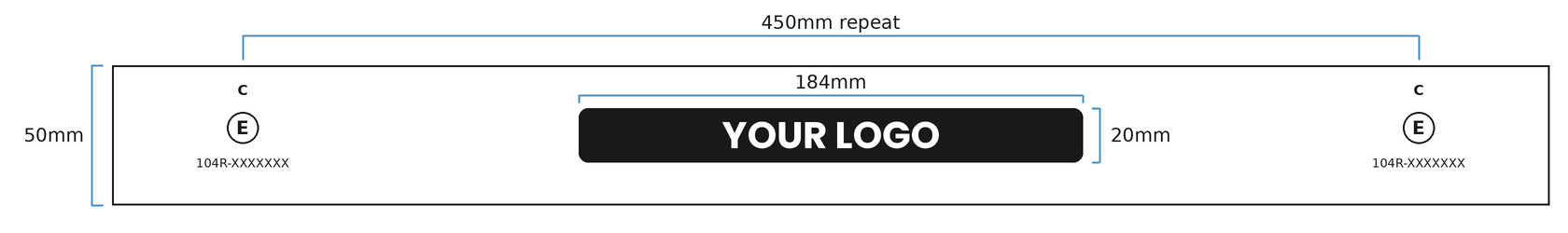 Example layout drawing for custom printed ECE104 tape showing logo size and approval marking positions