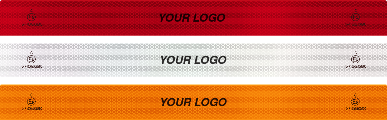 Custom printed ECE104 reflective tape in red, white and yellow with a logo printed between the approval markings